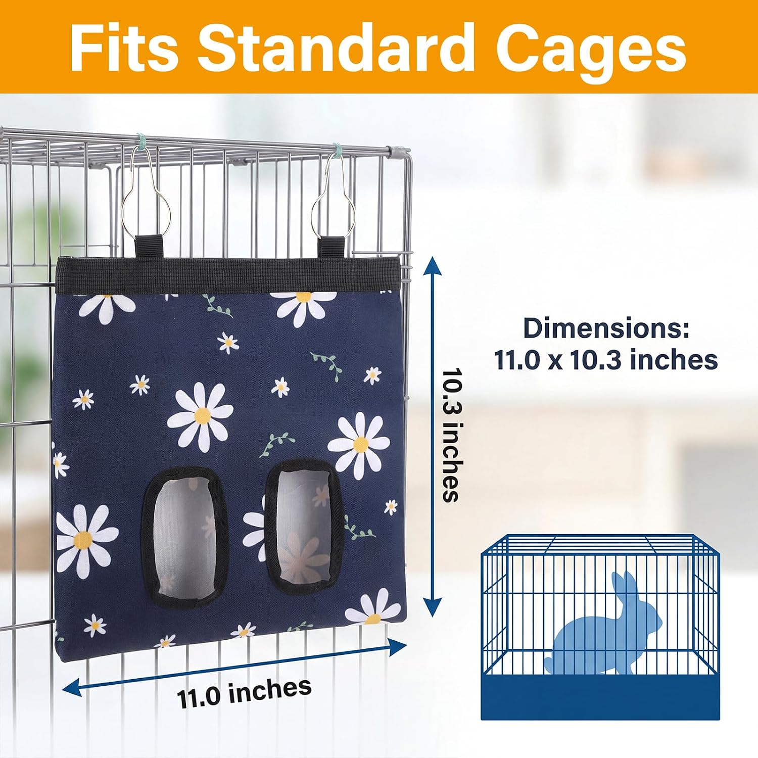 Ondware Rabbits Hay Feeder Bag for Bunny - Hanging Washable Dual-Port Hay Dispenser for Rabbits, Guinea Pigs; 600D Oxford Fabric, Collapsible, Blue Daisy Pattern - Image 2