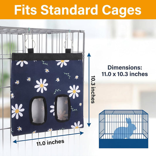 Ondware Rabbits Hay Feeder Bag for Bunny - Hanging Washable Dual-Port Hay Dispenser for Rabbits, Guinea Pigs; 600D Oxford Fabric, Collapsible, Blue Daisy Pattern - Image 2