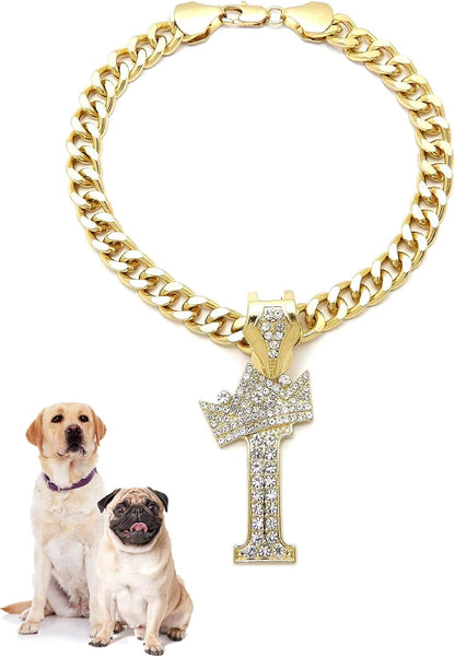 Rhinestone Studded Initial Pendant 18" Cuban Chain Fashion Costume Jewelry Necklace for Dogs Cats in Gold Rhodium Tone (Rhodium - R) - Image 13