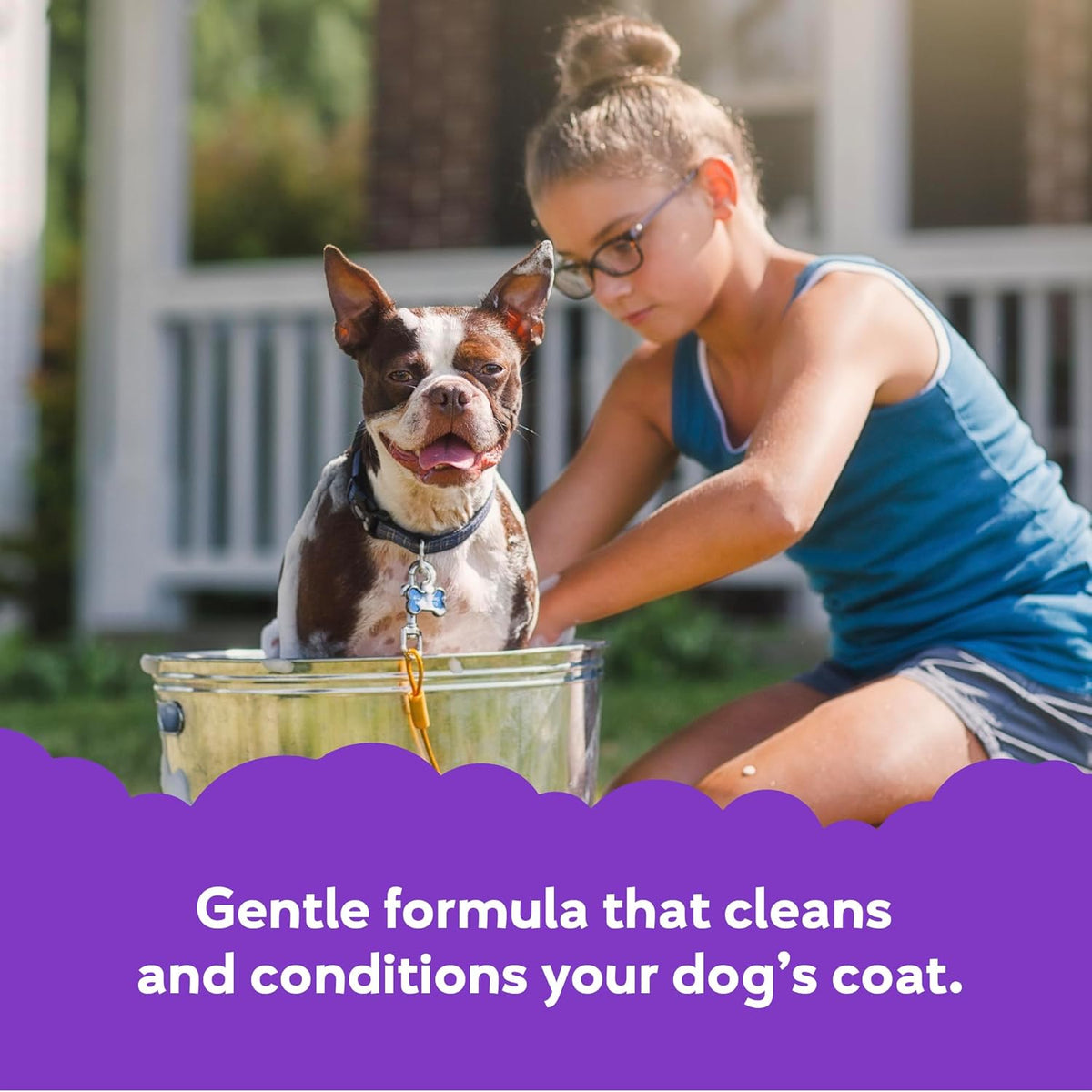 Close up of Buddy Wash 2-in-1 dog shampoo 16 fluid ounce bottle