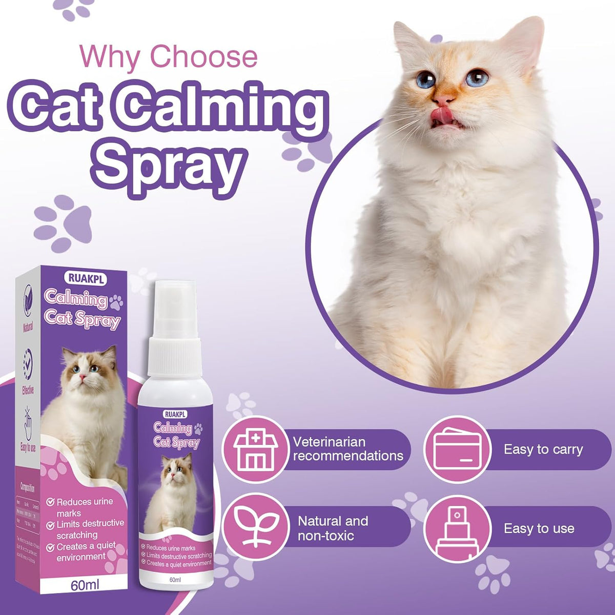 Authentic RUAKPL cat calming solution showing packaging details and directions