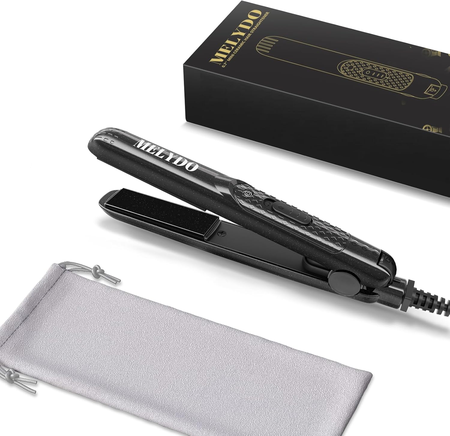 Melydo Mini Flat Iron black ceramic travel straightener front view