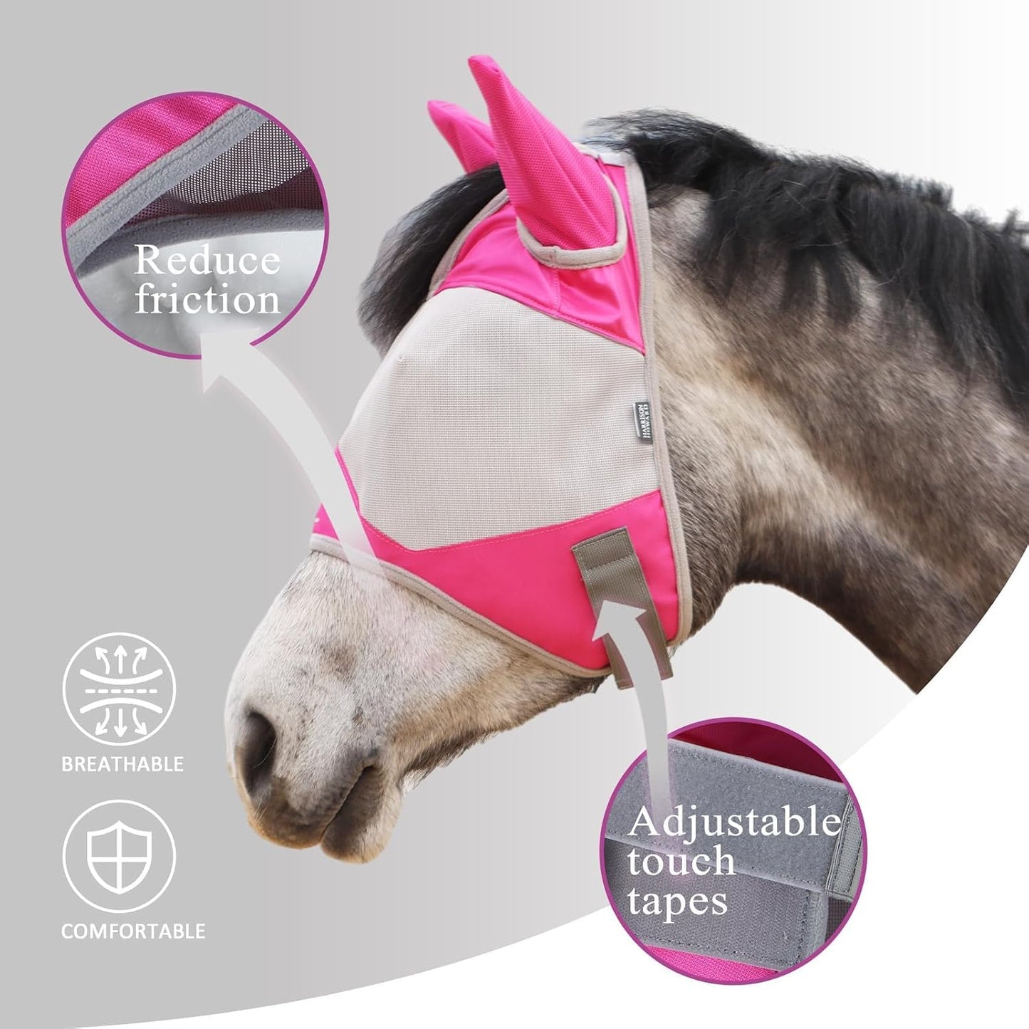 Equine half face fly mask with ear protection magenta