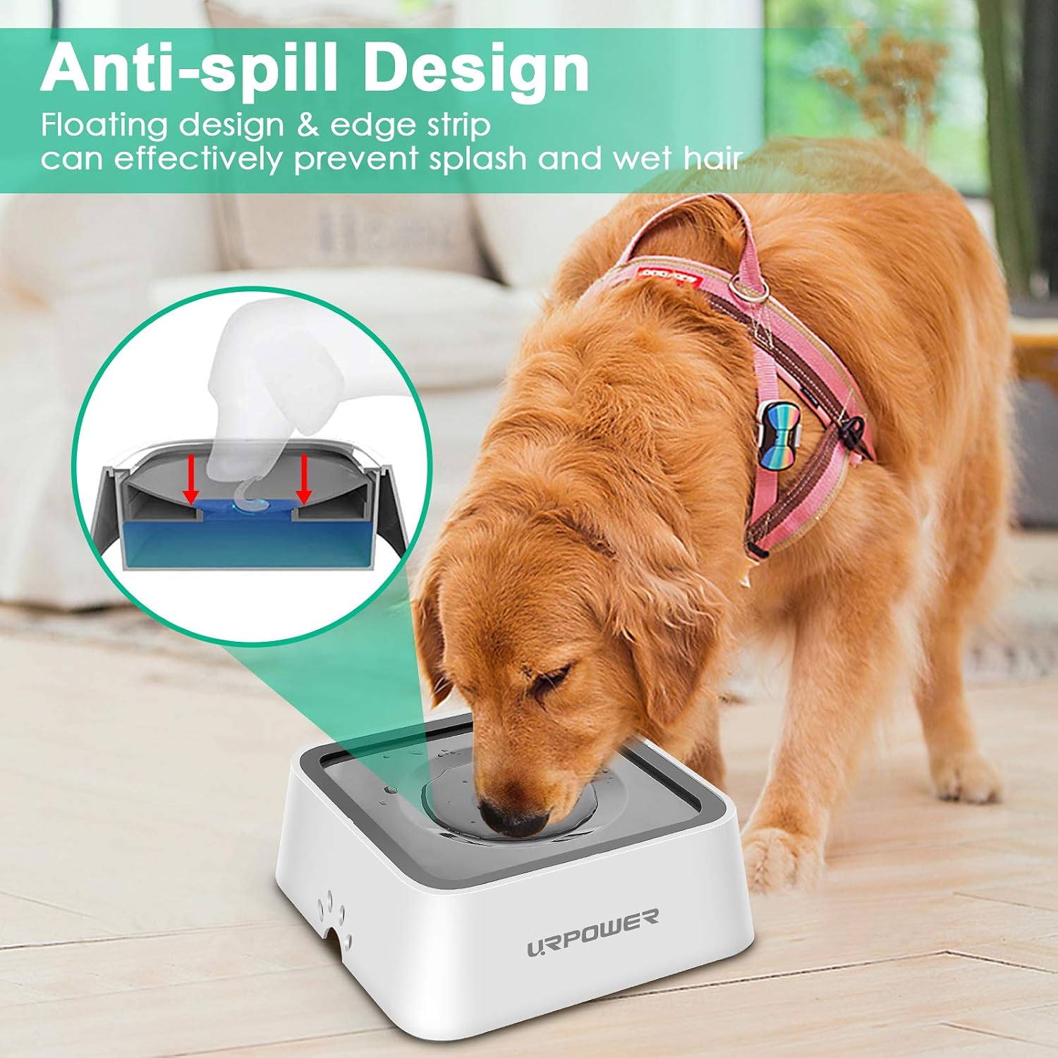 URPOWER slow feeder pet water dispenser showing the floating disk mechanism.