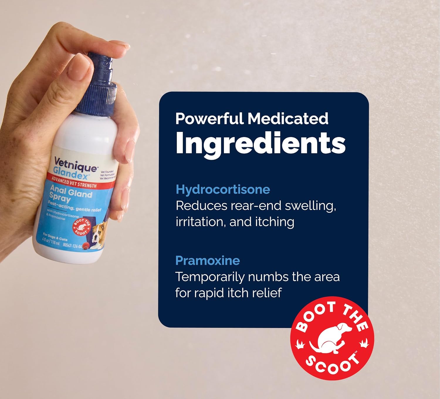 Hydrocortisone and pramoxine medicated anti itch spray for pets.