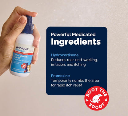 Hydrocortisone and pramoxine medicated anti itch spray for pets.