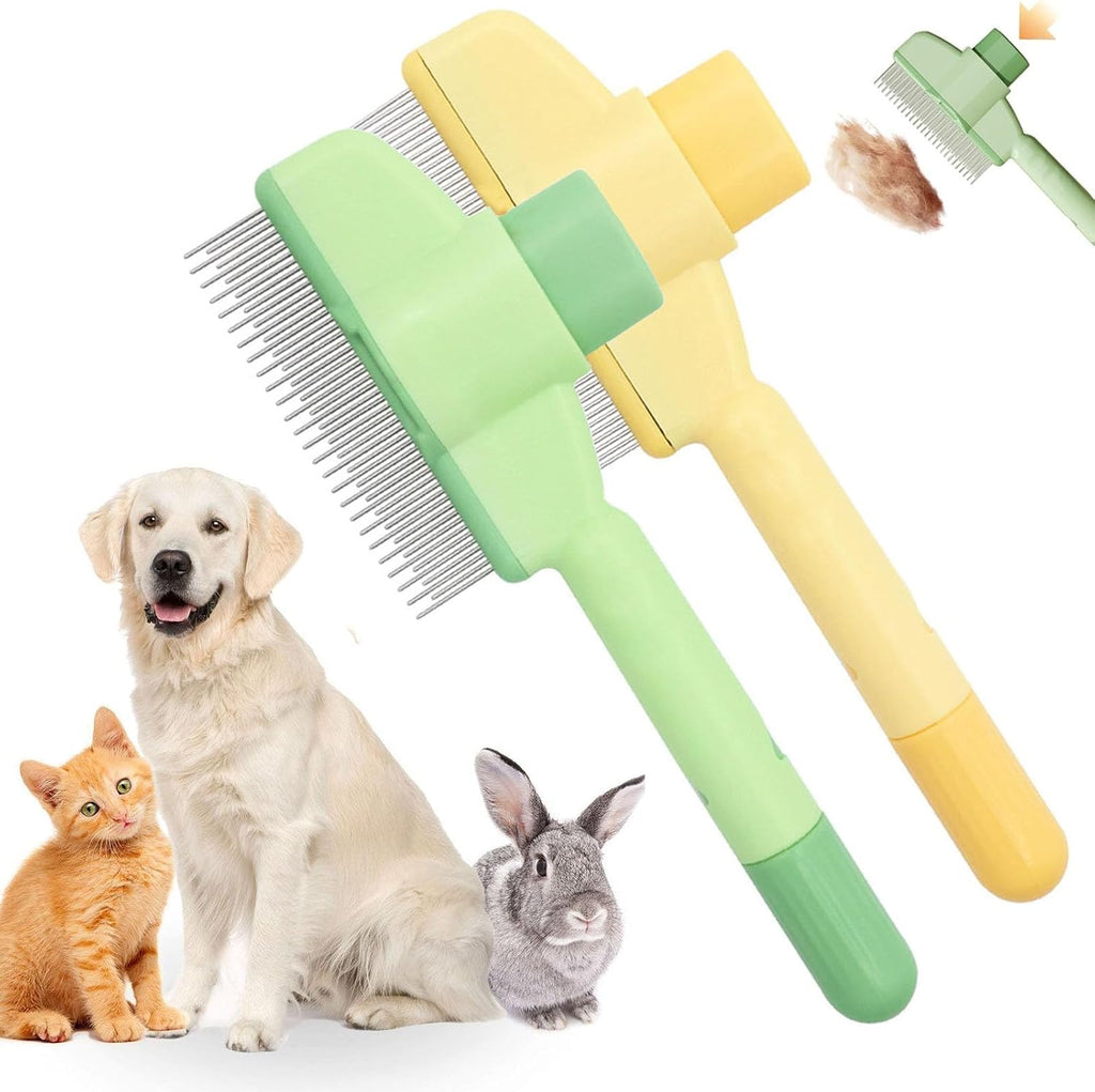Coziess 2-Piece Pet Hair Removal Comb and Flea Comb front view showcasing the green and yellow self-cleaning slicker brush.