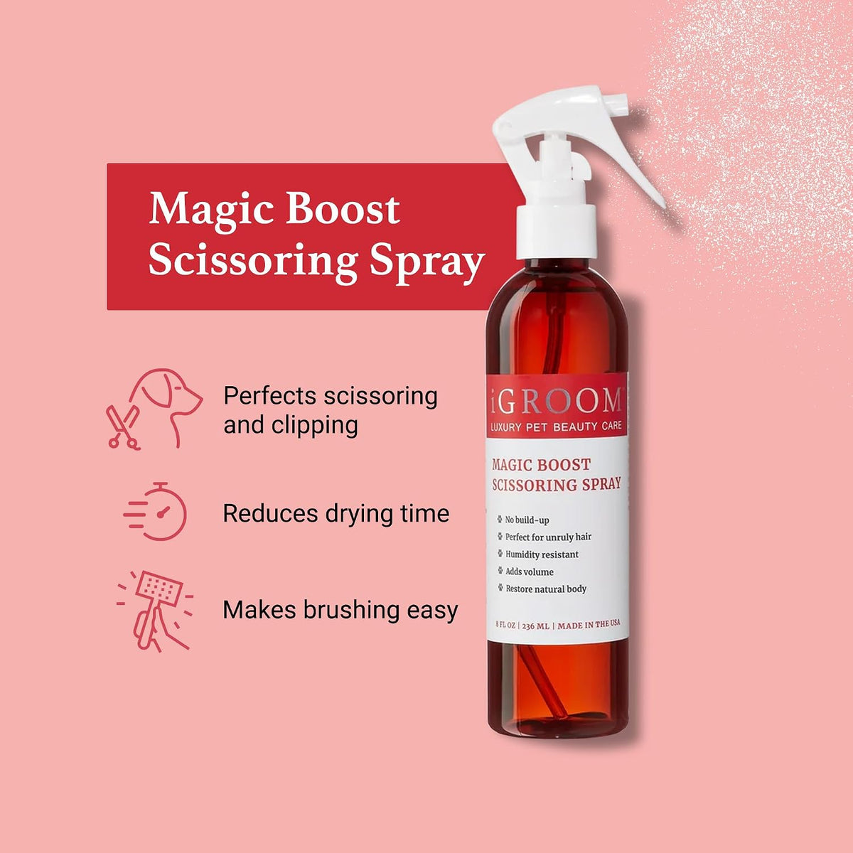 iGroom luxury pet beauty care spray bottle showing USA import details