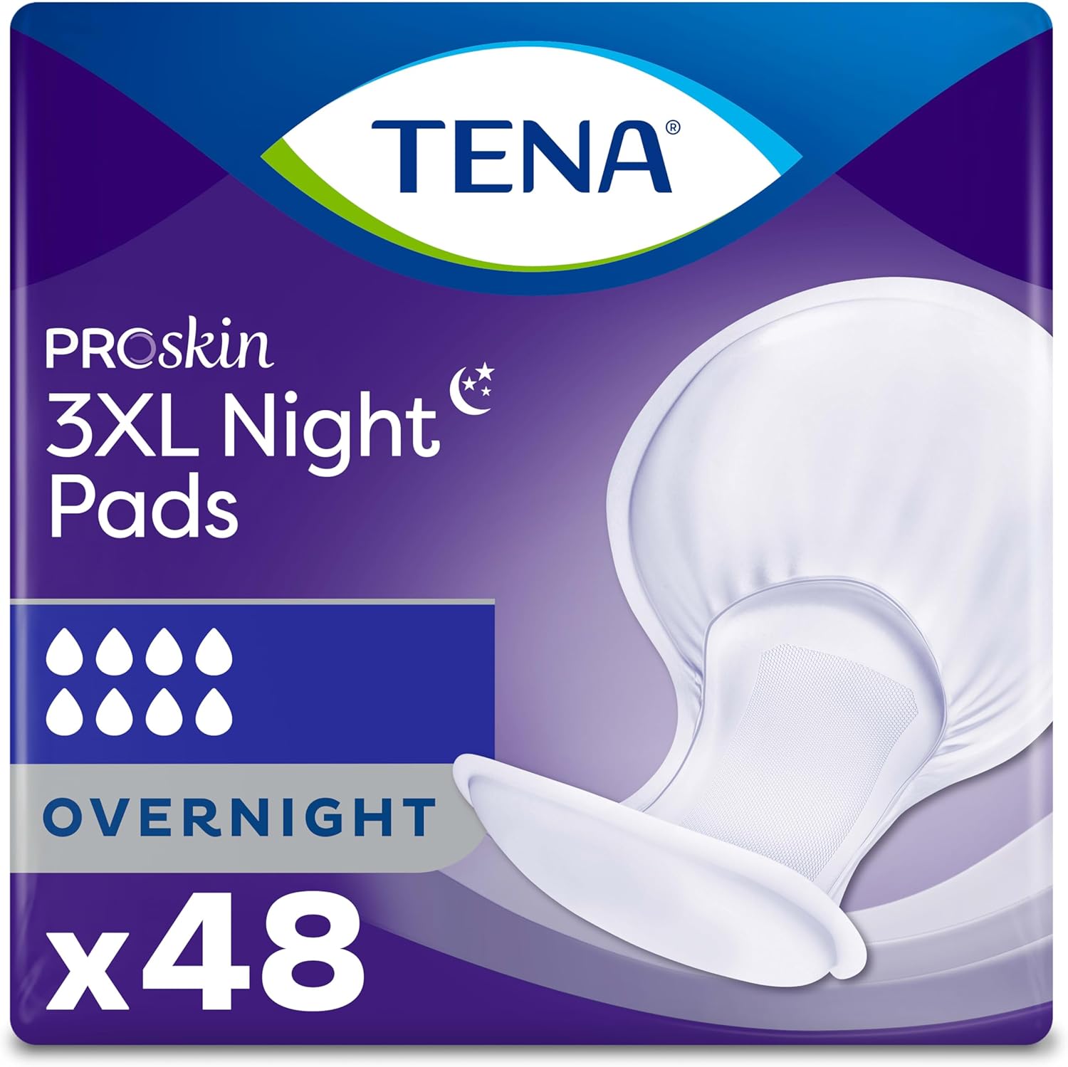 TENA ProSkin 3XL Overnight Incontinence Pads front packaging view showing 48 count size