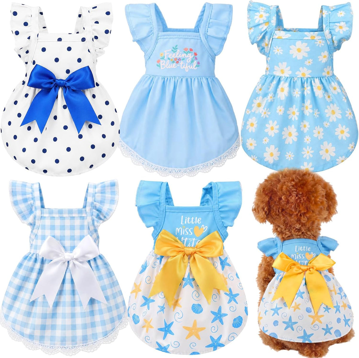 Abbylike 5 Pcs Dog Dress Floral Daisy Plaid Bowknot Dog Clothes Cute Summer Puppy Dresses Outfits Soft Apparel for Pets Cats Female(Yellow Sunny,Small) - Image 9