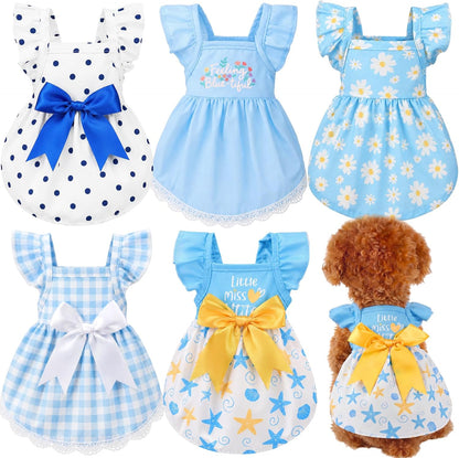 Abbylike 5 Pcs Dog Dress Floral Daisy Plaid Bowknot Dog Clothes Cute Summer Puppy Dresses Outfits Soft Apparel for Pets Cats Female(Yellow Sunny,Small) - Image 9