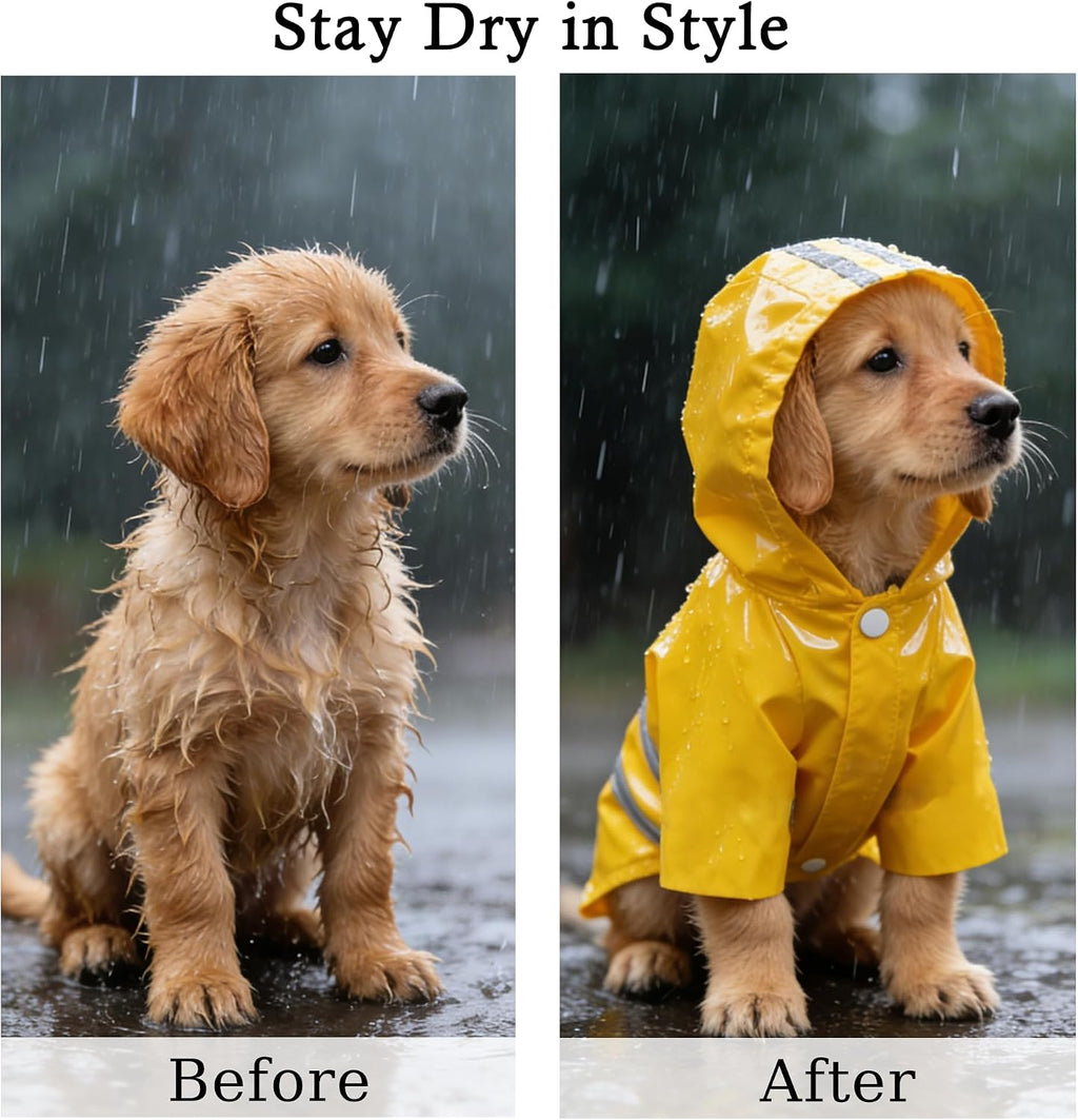 Lightweight puppy wet weather clothing featuring high visibility reflective safety strips.