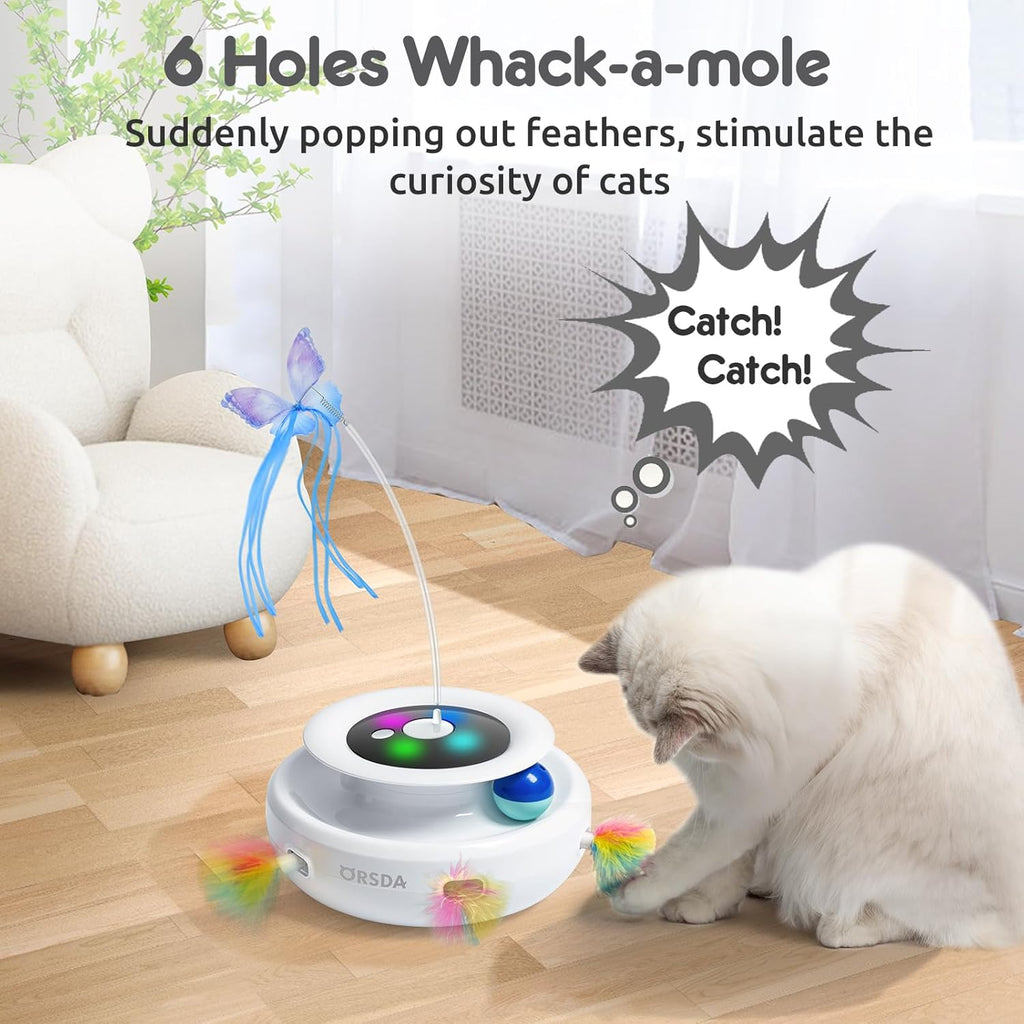Active indoor cat playing with the ORSDA three in one motorized exercise toy