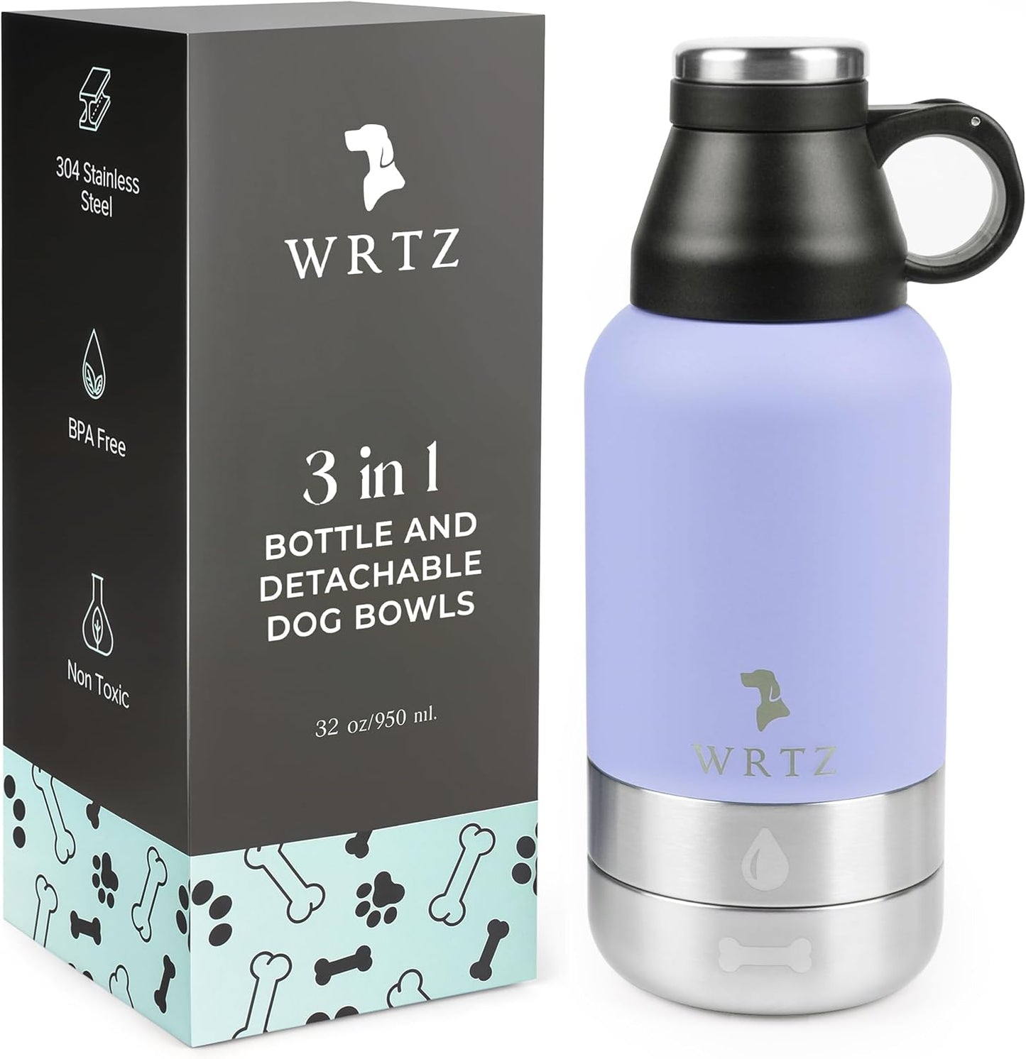 Wrtz portable dog water bottle front view in lavender color showing premium stainless steel finish.