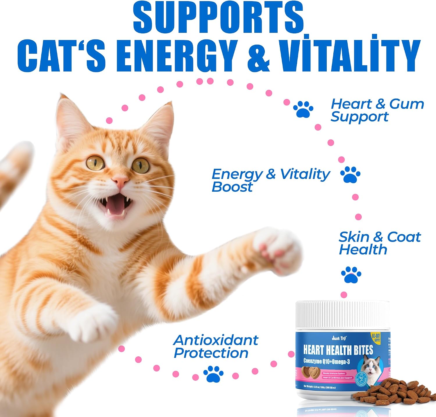 Just Try feline CoQ10 supplement bottle packaging