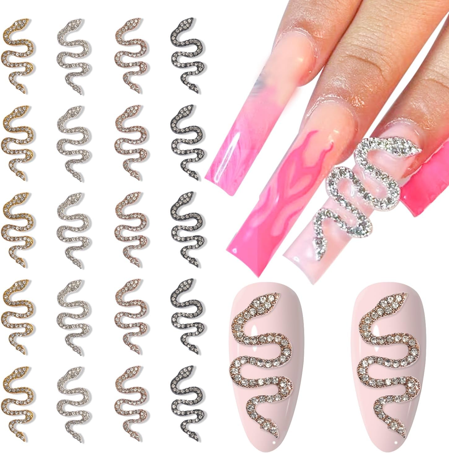 WOKOTO 3D snake nail charms front view showcasing rhinestones for manicures