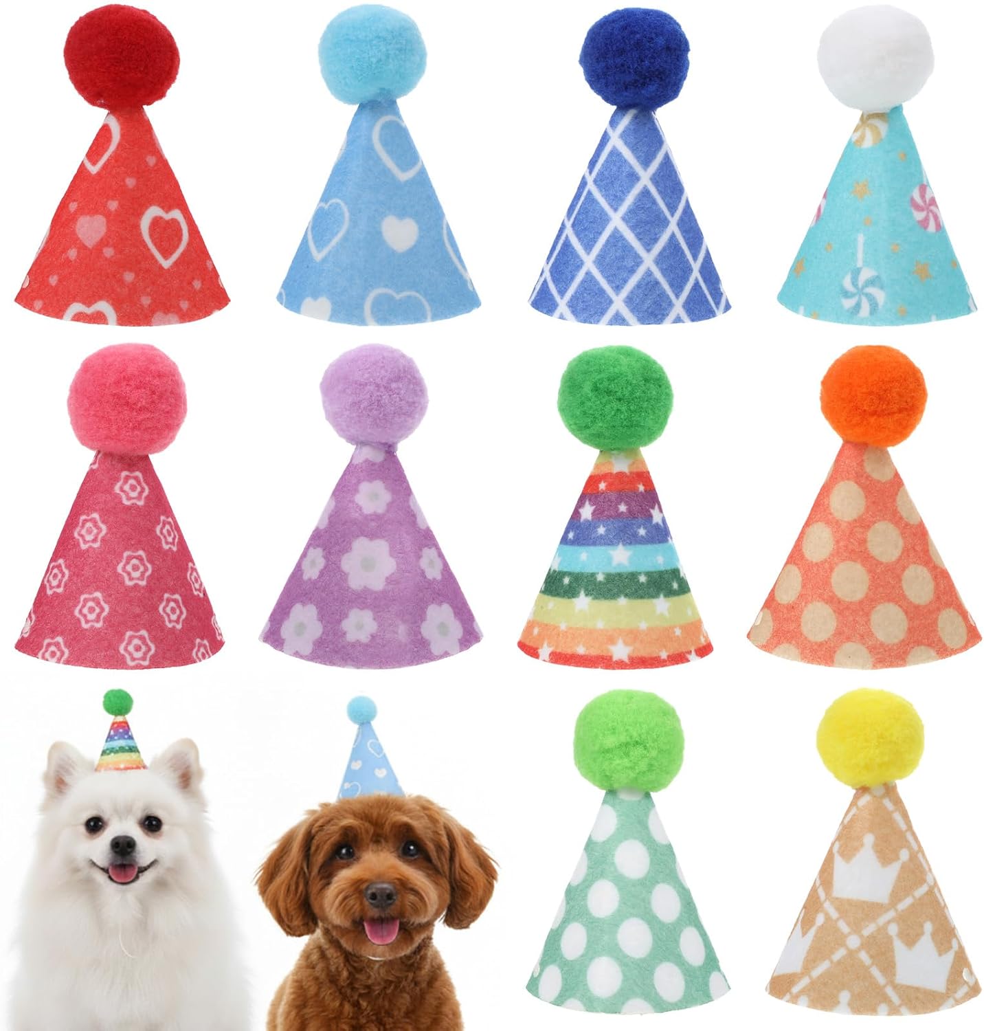 Various colored mini hats with pom poms for pet grooming