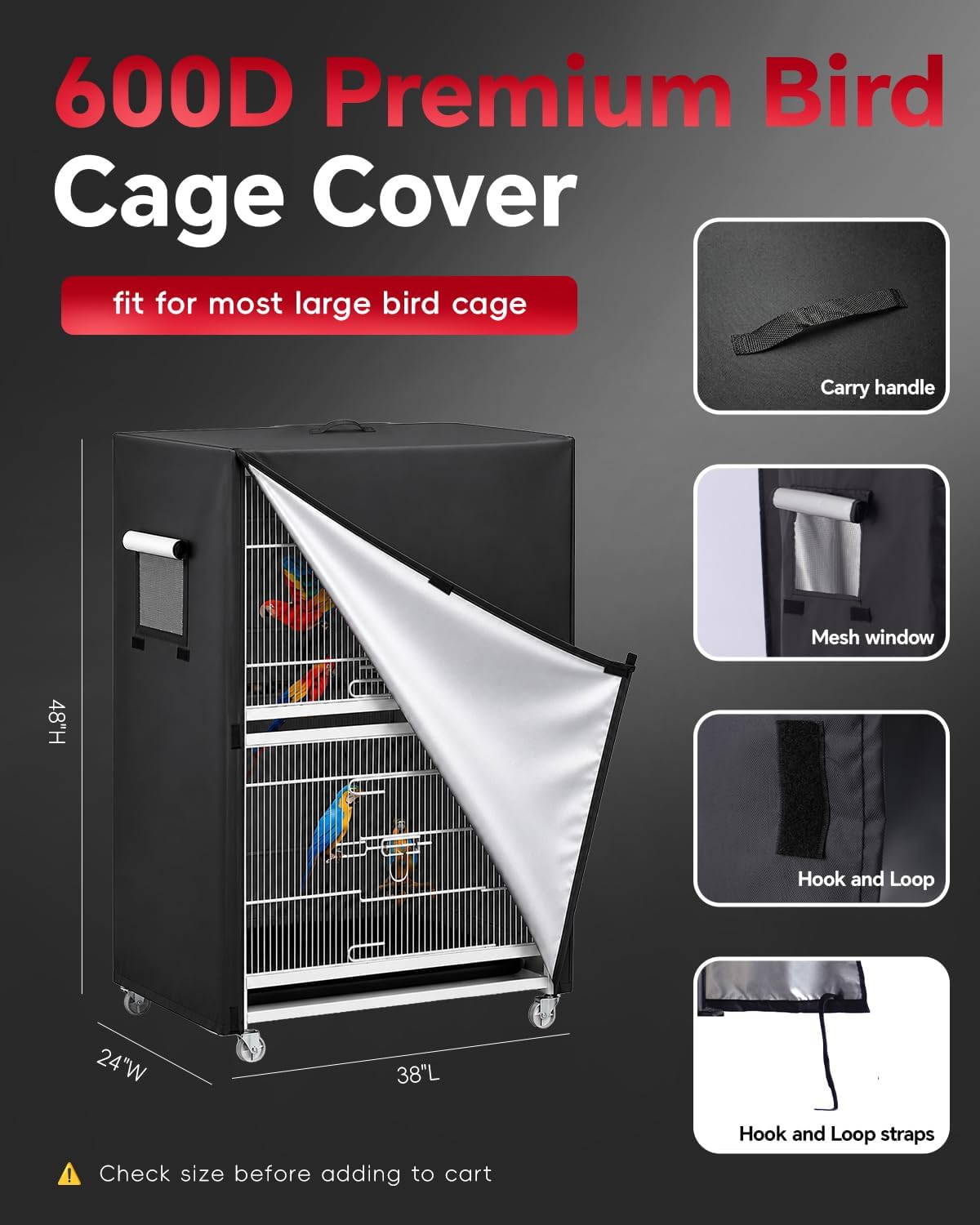 APOLAI 7 heavy duty waterproof bird cage cover with front flap rolled up showing zipper closures