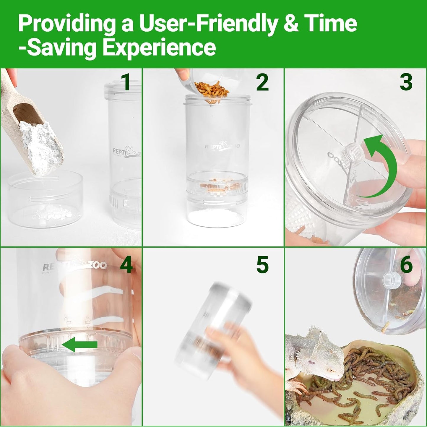 Reptile feeding kit showing calcium powder mixing process