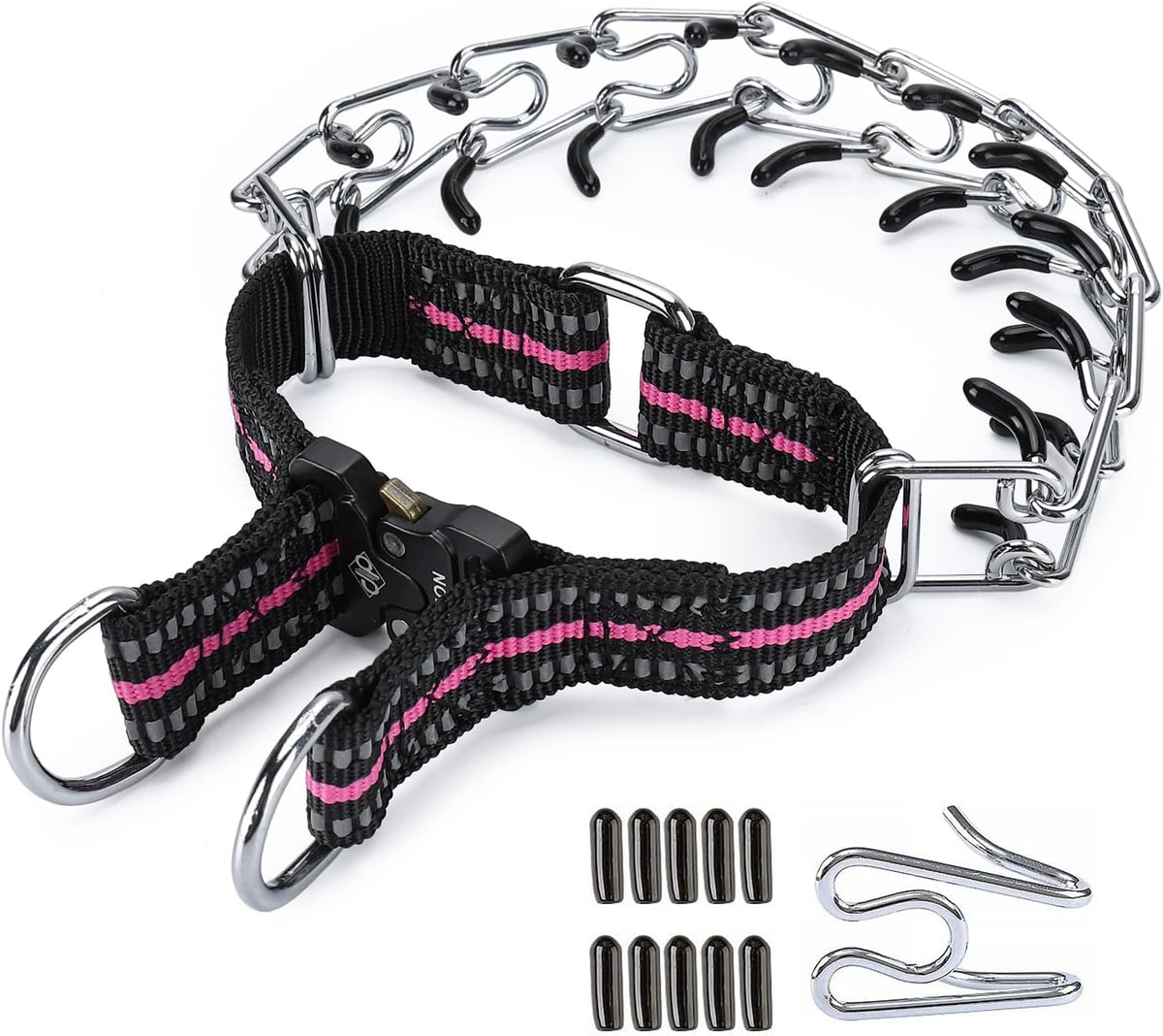 Lifestyle view of the medium black adjustable pinch collar designed for effective dog obedience.