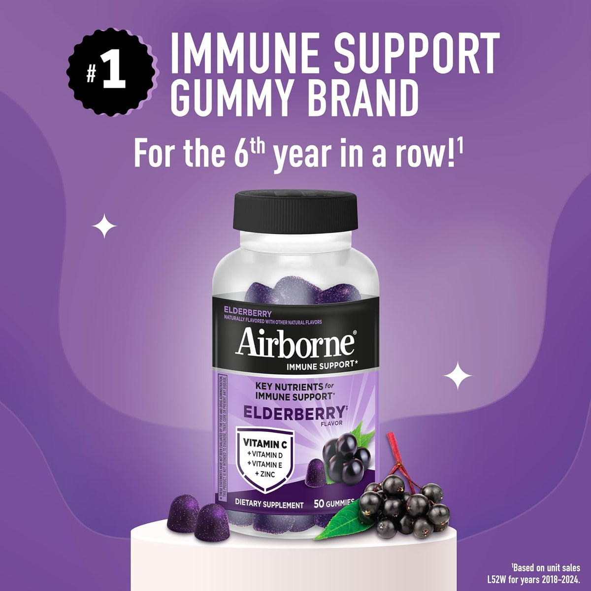 Airborne Elderberry + Zinc & Vitamin C Gummies For Adults, Immune Support Vitamin D & Zinc Gummies With Powerful Antioxidant Vitamins C D & E - 50 Gummies, Elderberry Flavor - Image 2