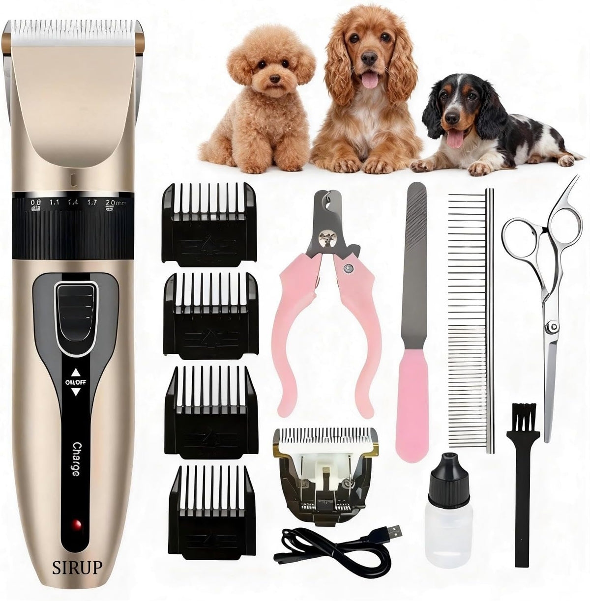 SIRUP rechargeable dog grooming kit front view showcasing the gold and black electric pet clipper.