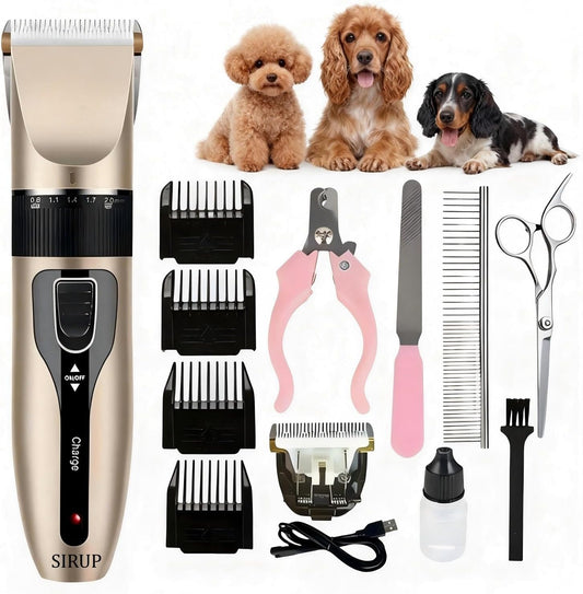 SIRUP rechargeable dog grooming kit front view showcasing the gold and black electric pet clipper.