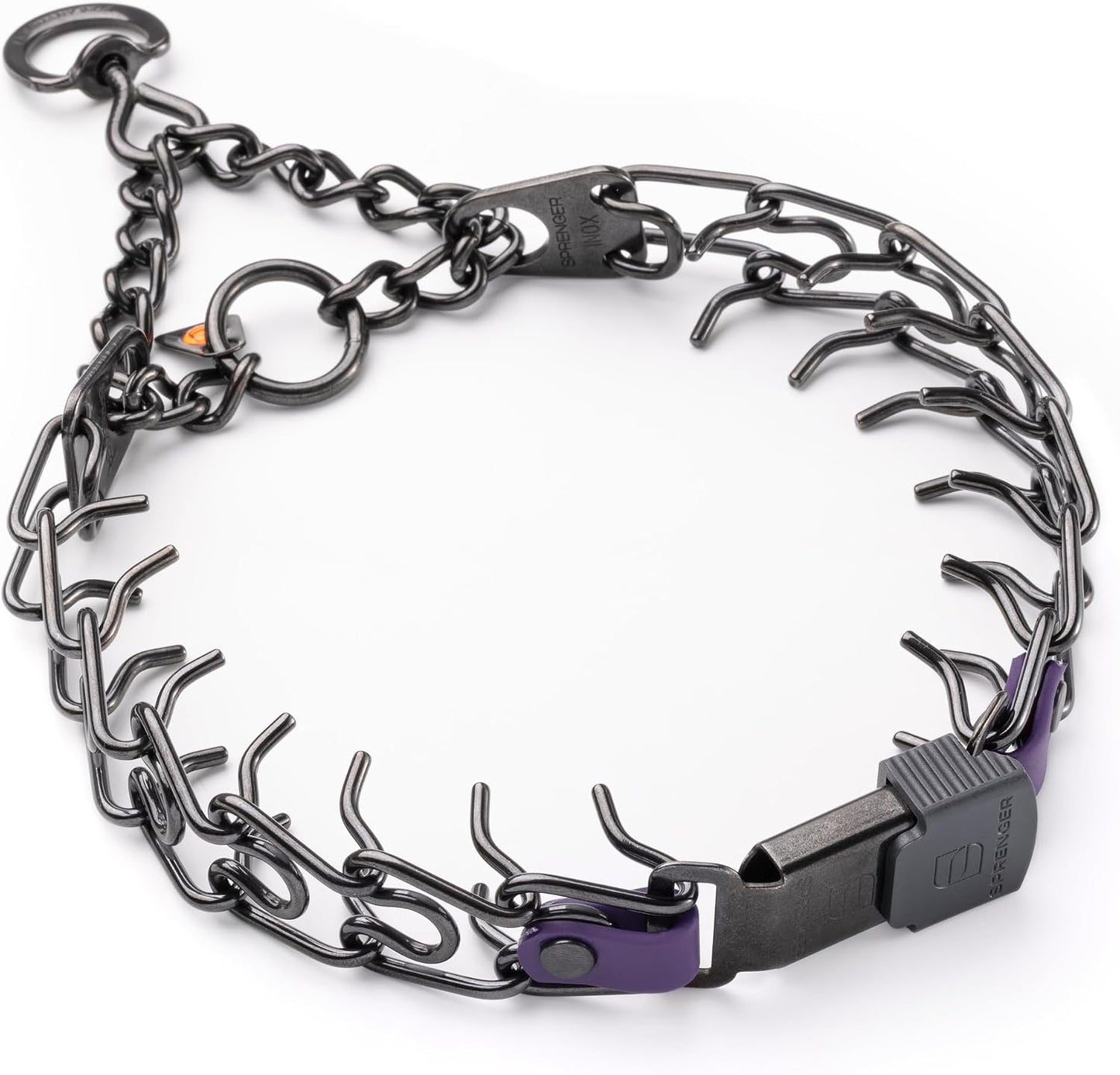 Authentic Herm Sprenger imported black stainless steel dog collar packaged for professional training.