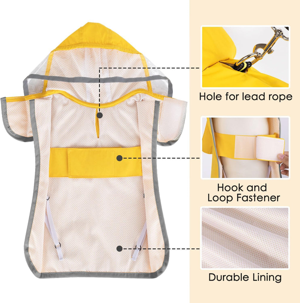 Portable folded dog raincoat stored in its integrated pocket
