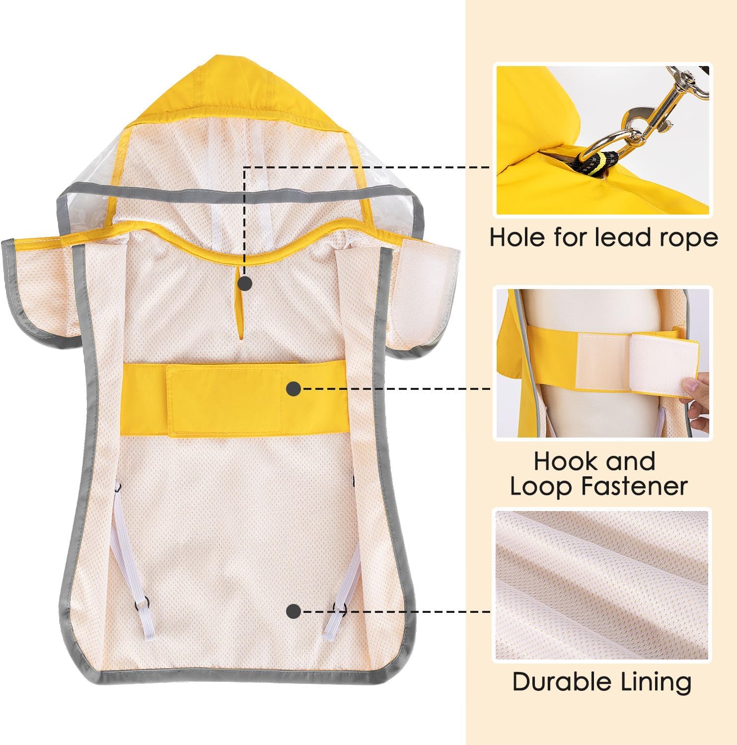 Portable folded dog raincoat stored in its integrated pocket