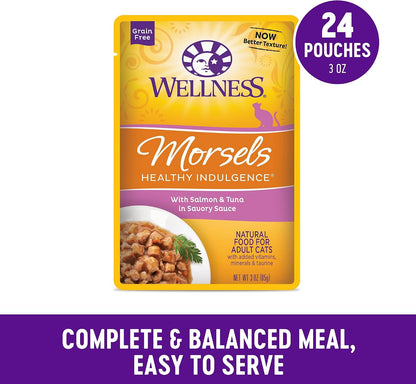 Natural protein rich salmon and tuna chunks in savory gravy for cats