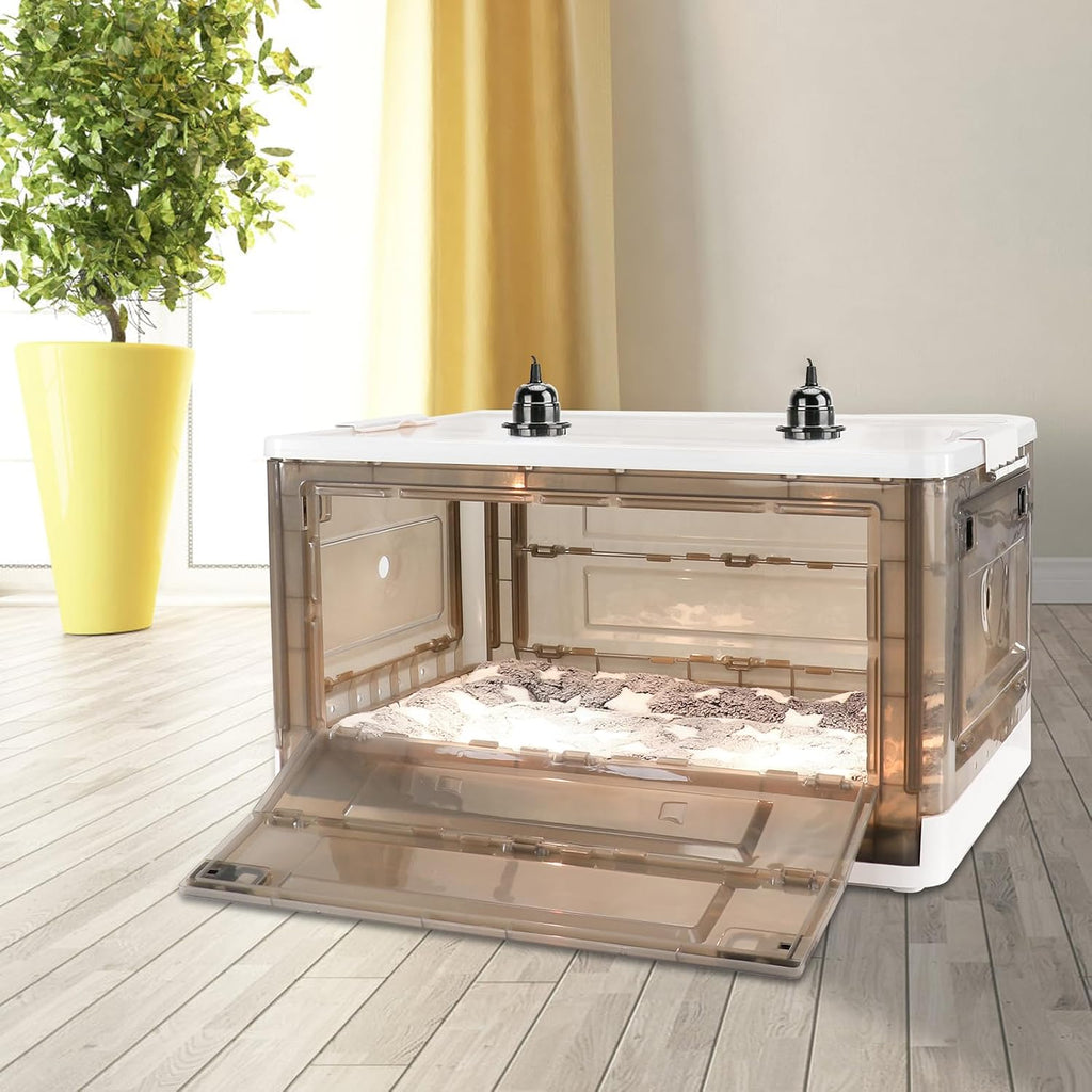 HKDQ 85L pet brooder top view showing secure lid latch and fan housing