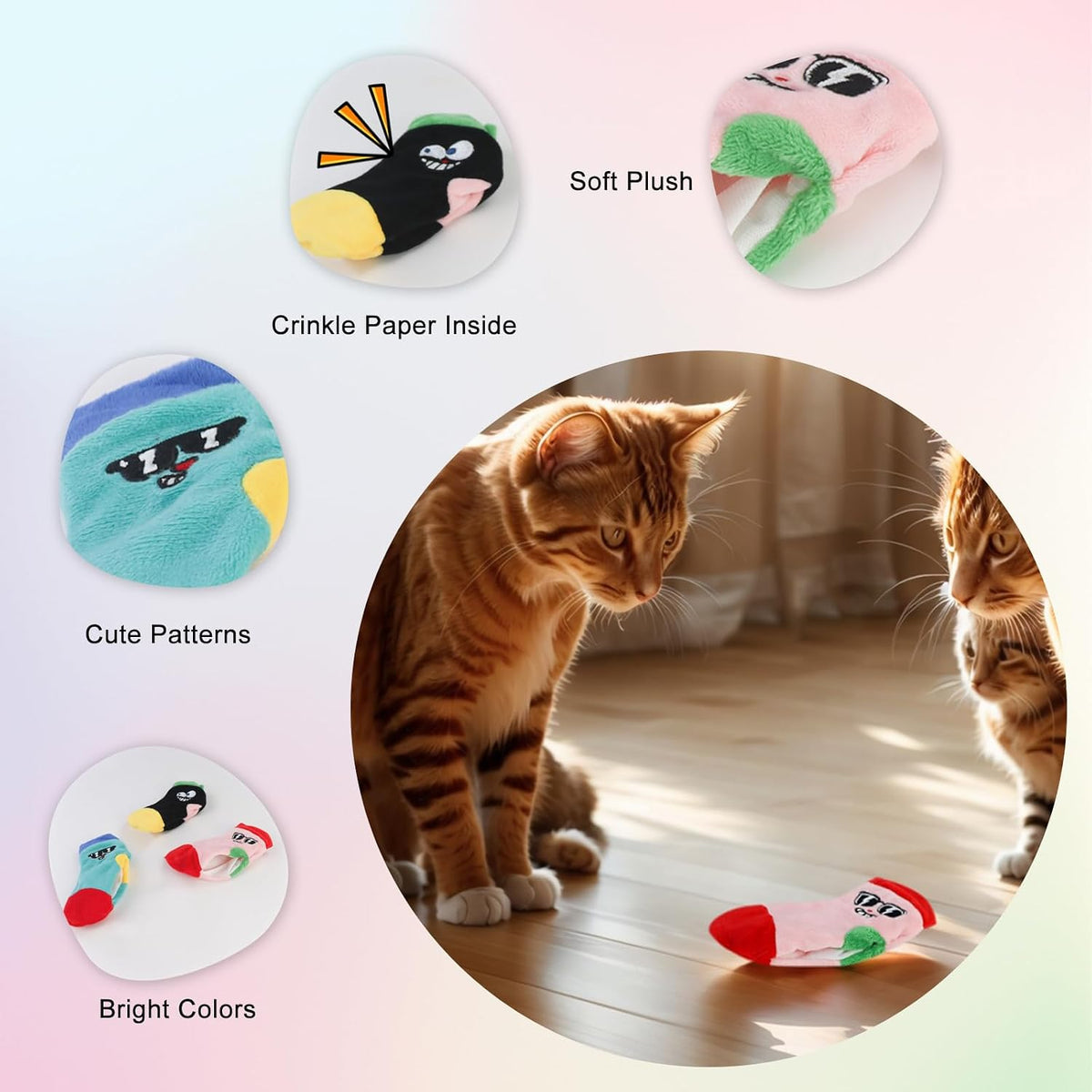 Soft polyester plush cat toy sock with embroidered sleepy cartoon face details.