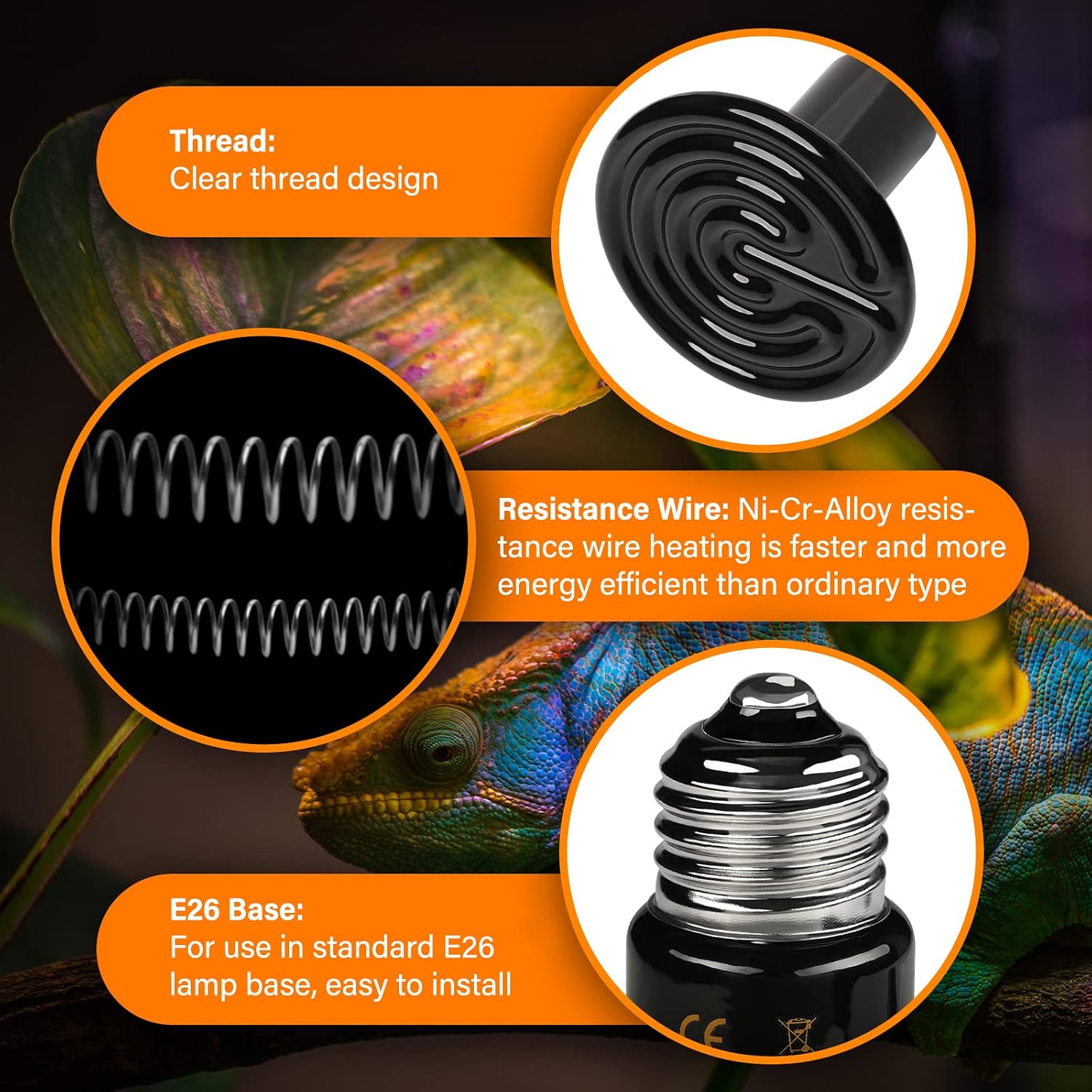 HealSmart non light emitting infrared heat lamp for nocturnal reptiles and amphibians close up.