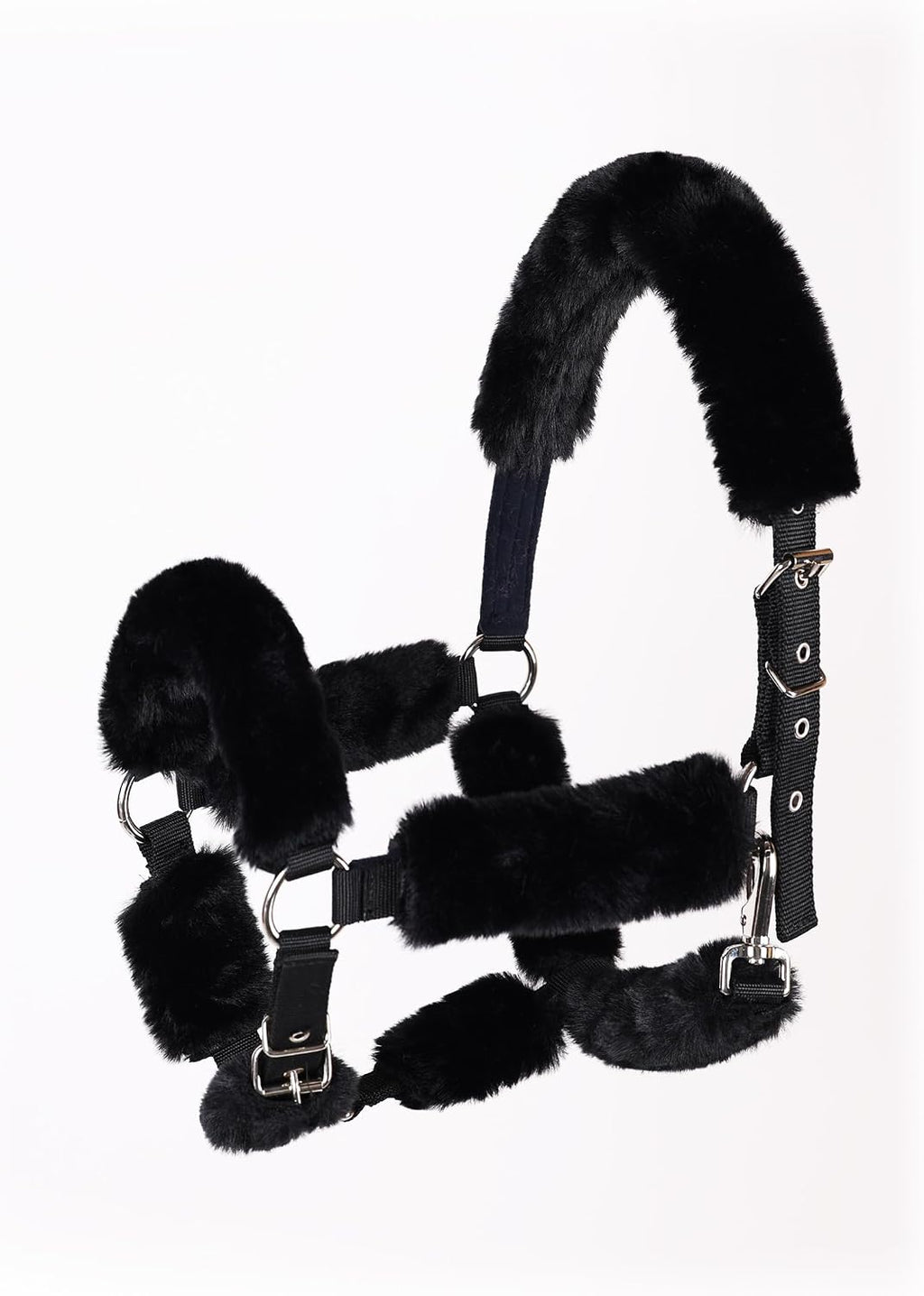 Black sheepskin-like horse halter fleece padding set of nine pieces for equine protection.