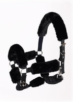 Black sheepskin-like horse halter fleece padding set of nine pieces for equine protection.