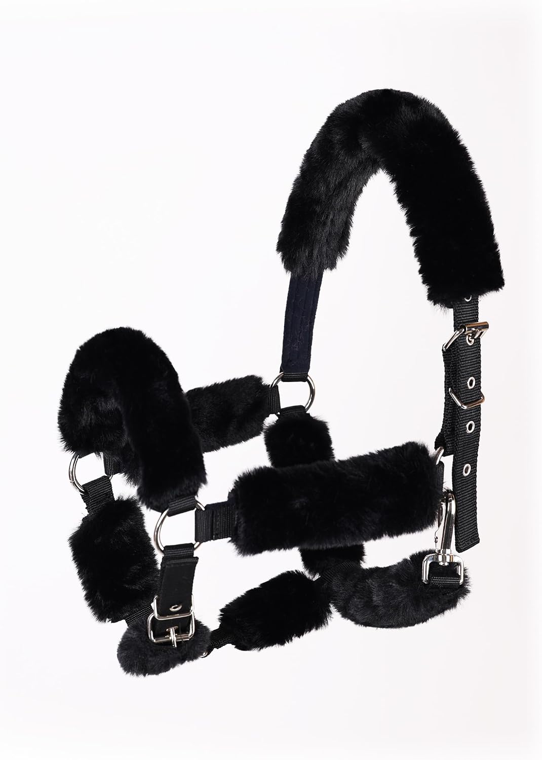 Black sheepskin-like horse halter fleece padding set of nine pieces for equine protection.