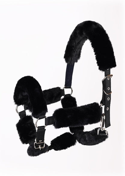 Black sheepskin-like horse halter fleece padding set of nine pieces for equine protection.