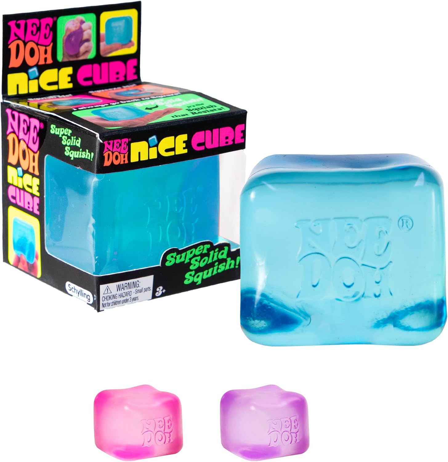Schylling NeeDoh Nice Cube sensory squeeze toy front view showing its clear blue ice cube design