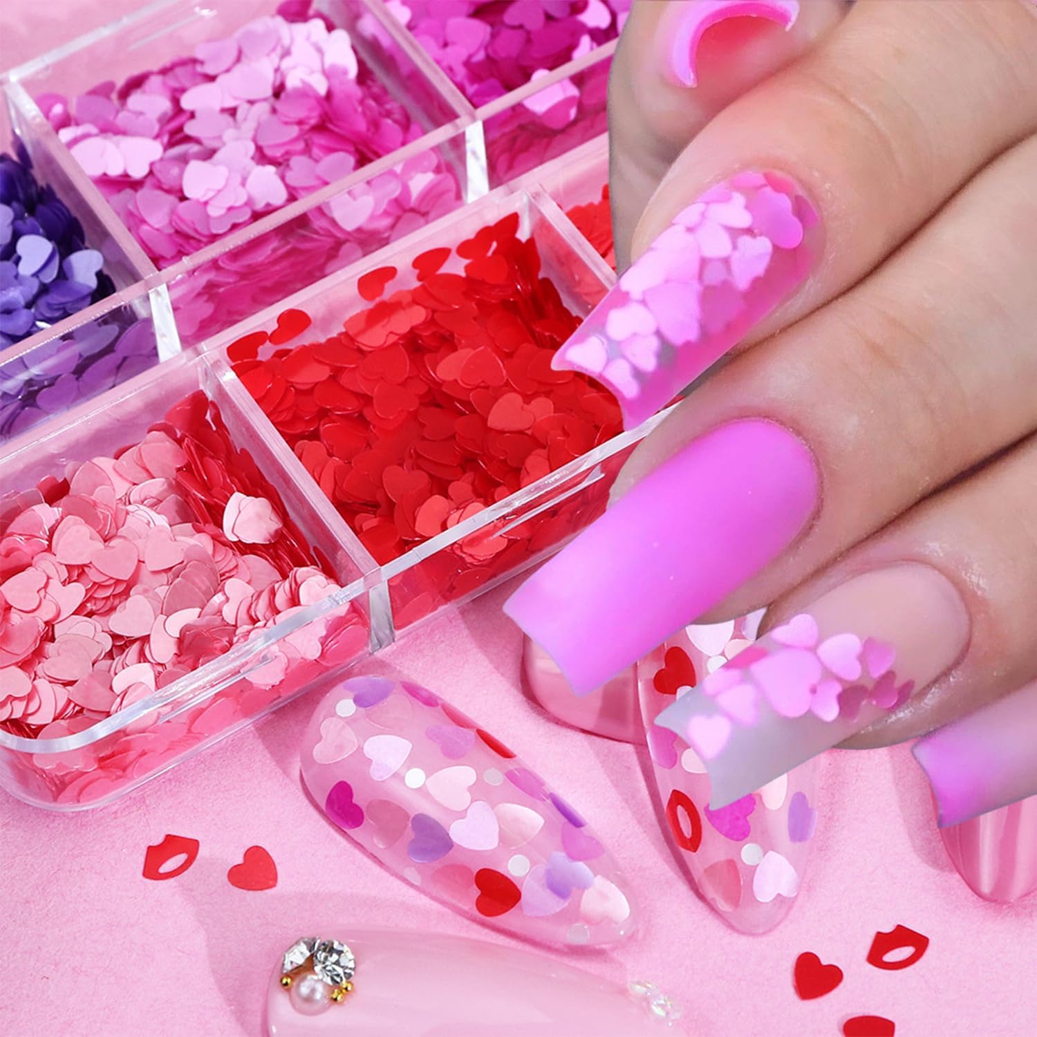 Aklhdsk 6 grids holographic heart nail glitter sequins kit front view