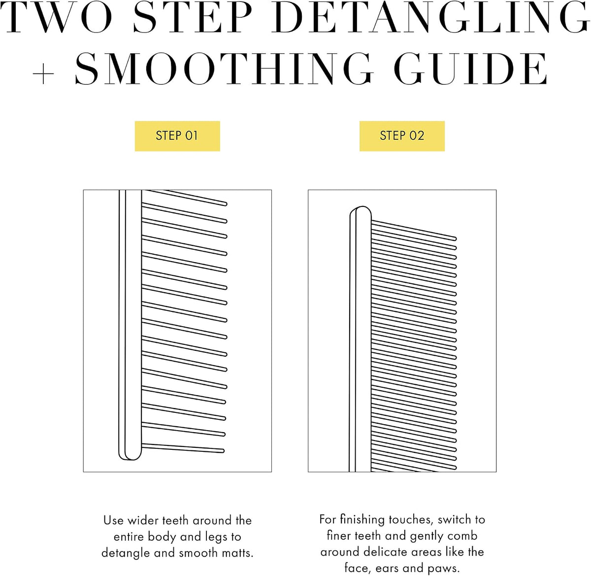 Hand holding Tweezerman dual-sided comb for cat grooming