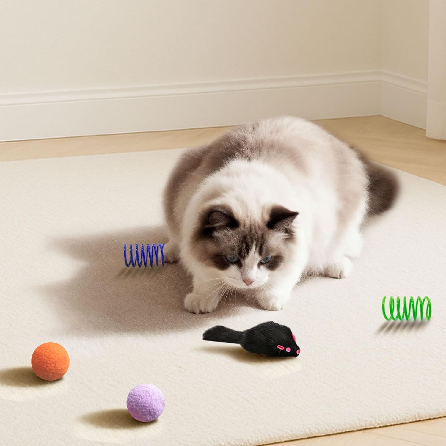 Assorted interactive plastic springs for chasing and active feline exercise.