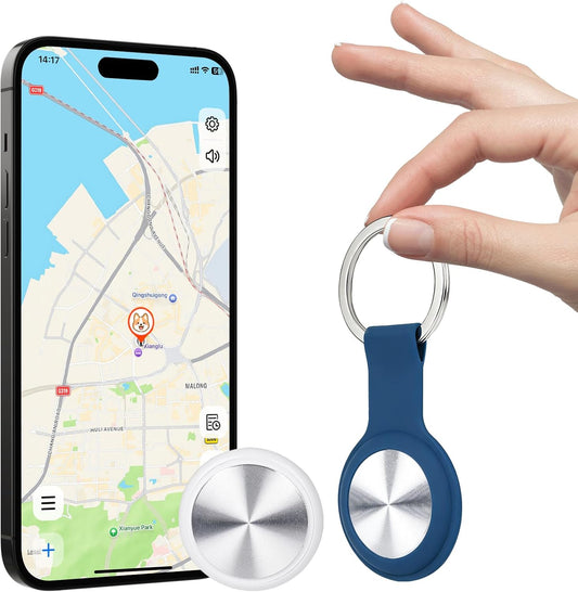 JDHTMTCBGX smart GPS tracker front view showing the circular design for pet tracking.