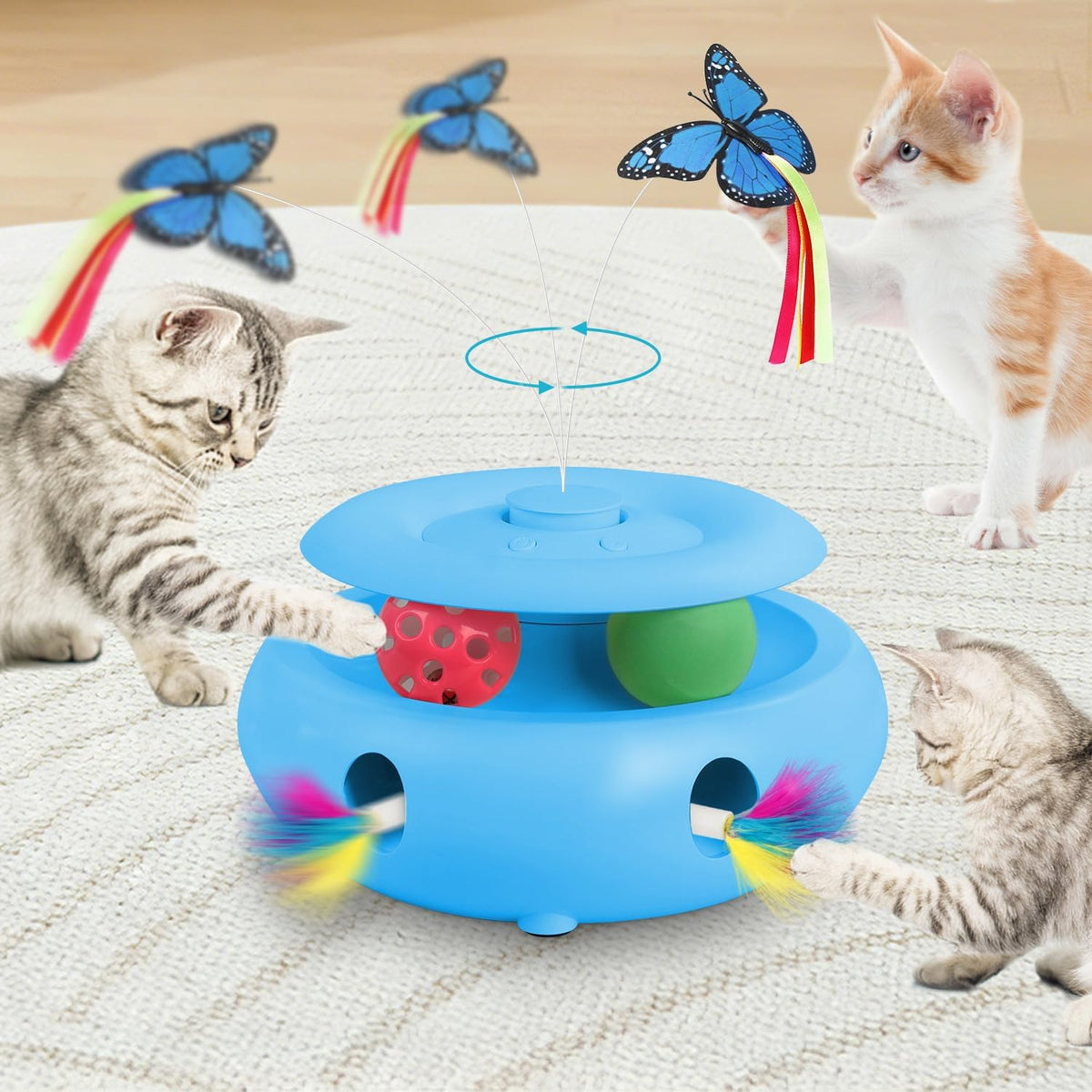 Premium imported automated cat hunting simulator package contents including the base and attachments.