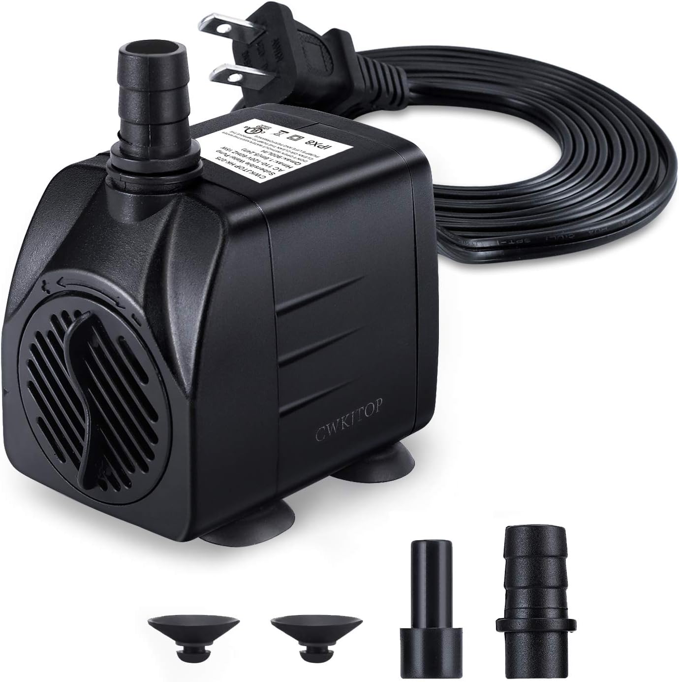CWKJTOP submersible water fountain pump front view showing adjustable flow dial.