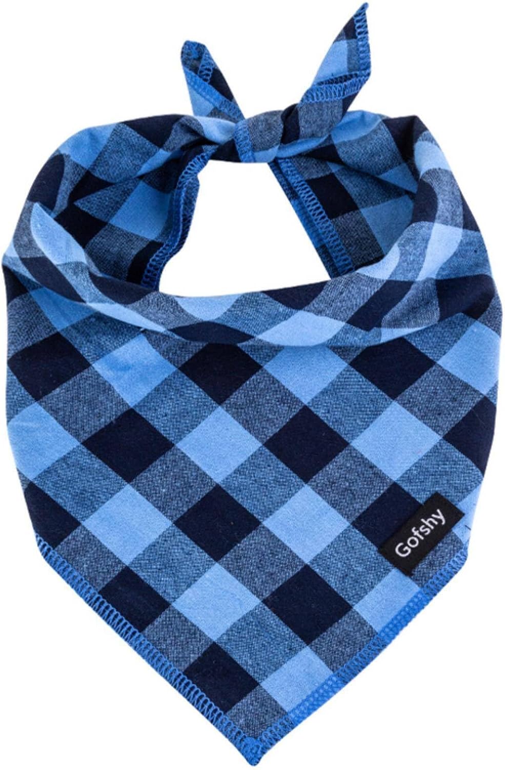 Gofshy boy dog bandana front view featuring classic blue and black buffalo plaid pattern