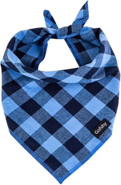Gofshy boy dog bandana front view featuring classic blue and black buffalo plaid pattern