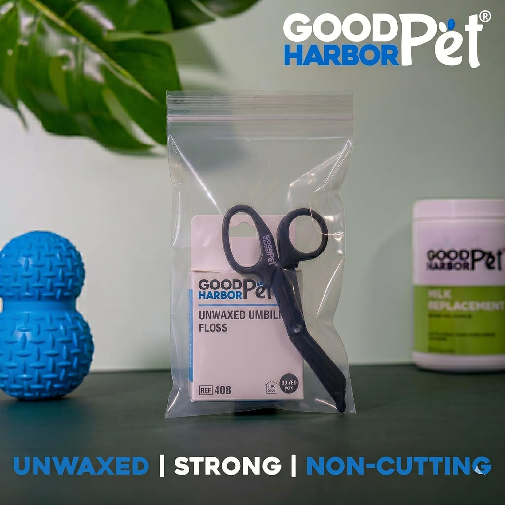 Unwaxed medical grade whelping floss spool and stainless steel blunt tip shears for puppies and kittens.