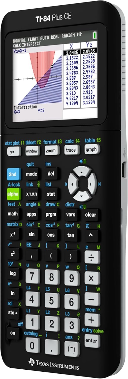 Texas Instruments scientific graphing device in black finish illustrating the high-contrast color-coded buttons and navigation D-pad.