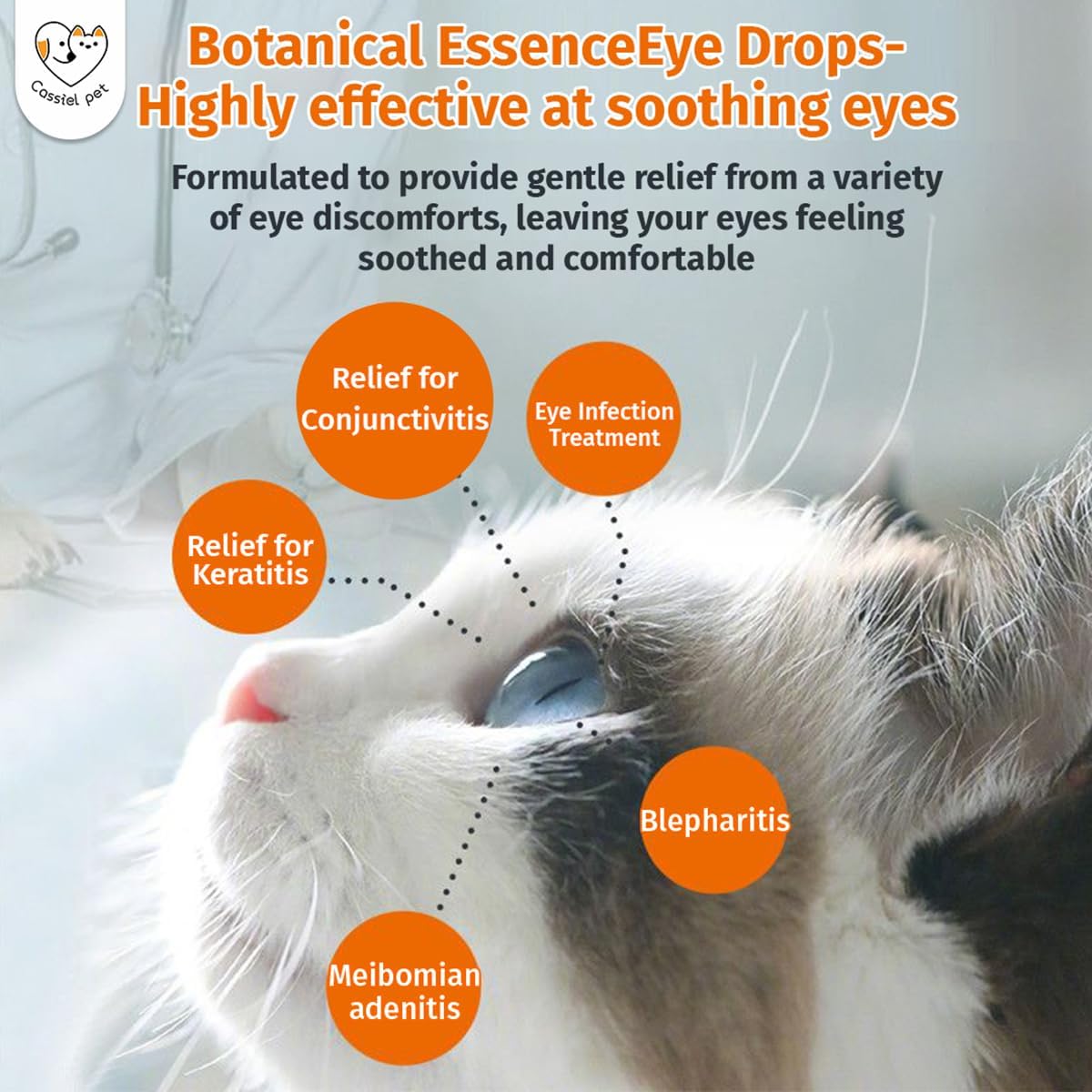 Gentle botanical formula eye drops for relieving pet eye allergies and redness.